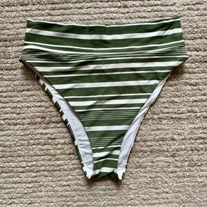 Aerie High Cut Cheeky Bikini Bottom Green and White Stripe NWT Size Large
